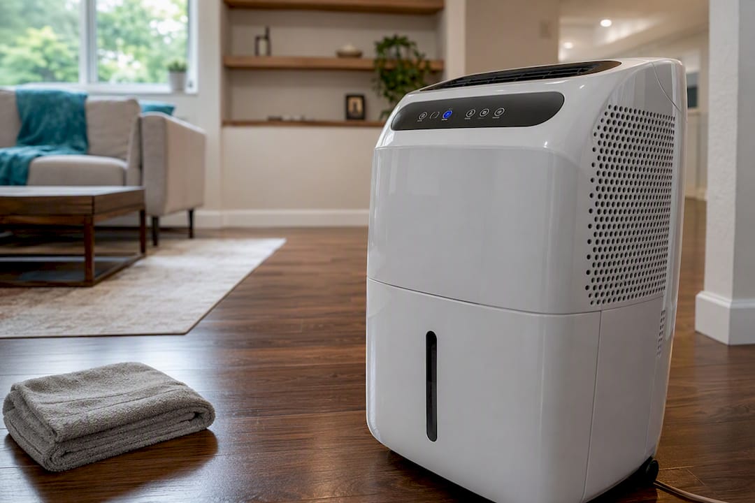 Dehumidifier operating in basement corner
