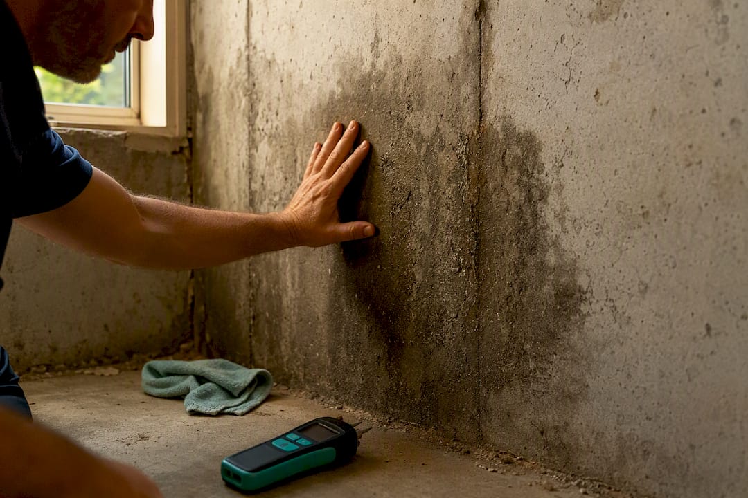 Hand pointing to moisture deposits on basement wall