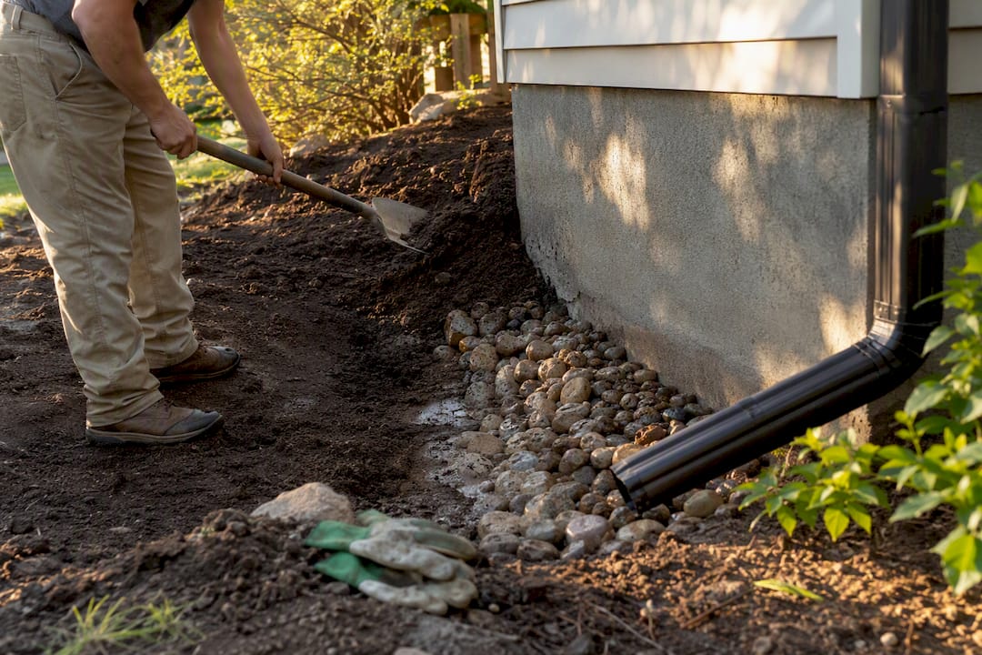 Hands raking soil to fix yard drainage near foundation