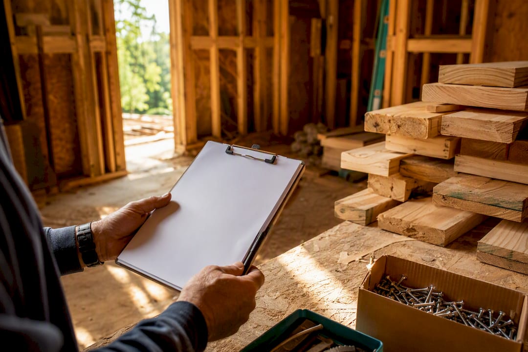 Hands holding clipboard at residential construction site