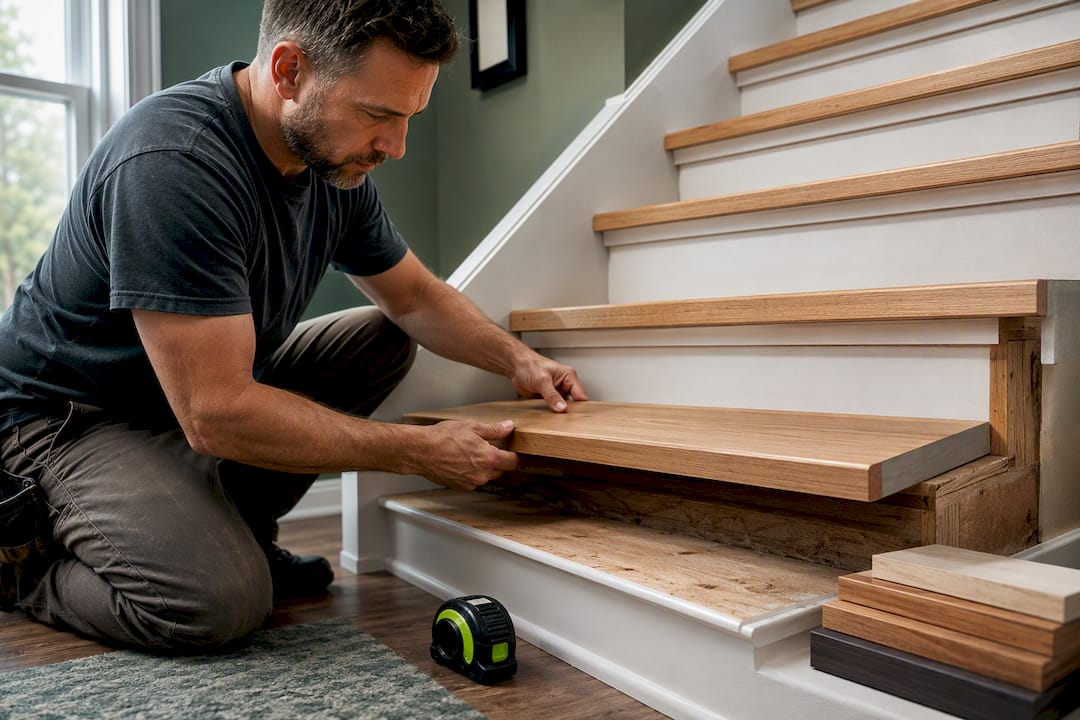 Remodeler fitting an overlay stair tread