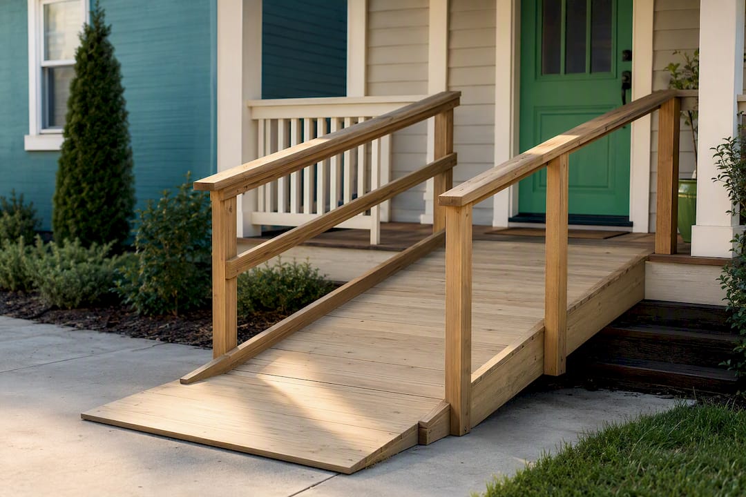 Wood accessibility ramp leading to front porch