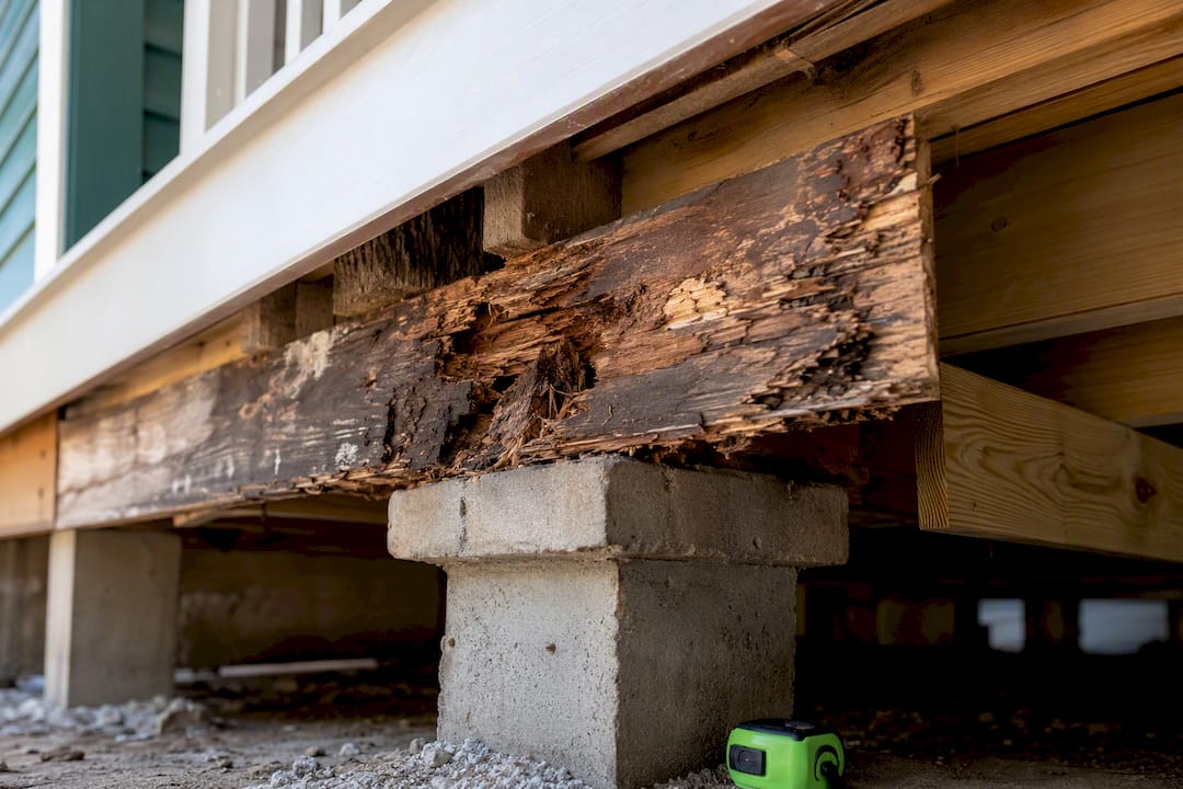 Exposed porch framing with damaged ledger board