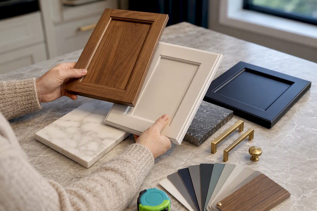 Hands comparing kitchen material samples