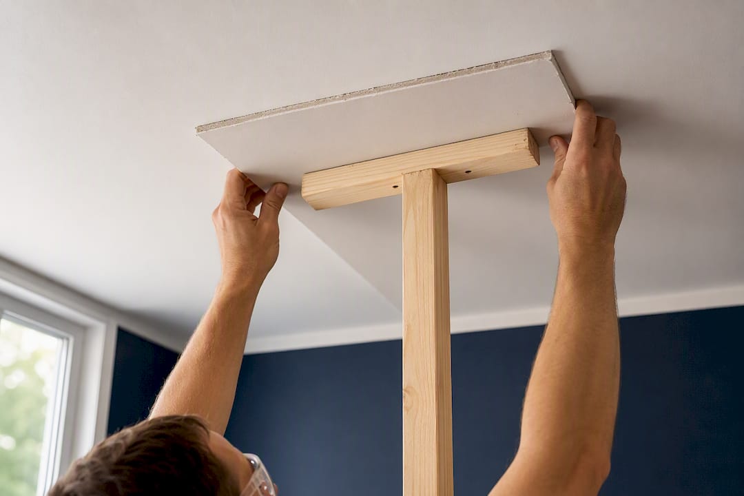 T-shaped brace supporting ceiling drywall patch