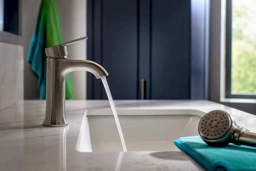Low-flow faucet and showerhead in bathroom