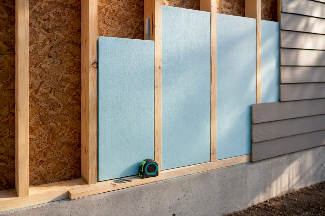 Rigid foam sheathing installed on exterior wall