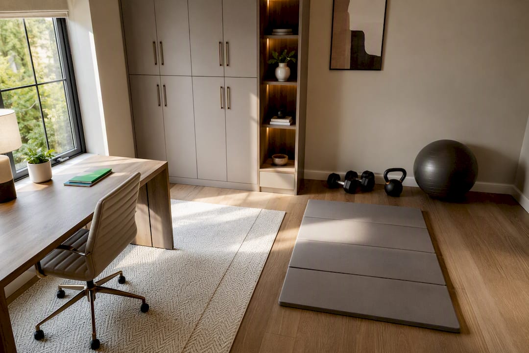 Flexible room combining office and gym zones