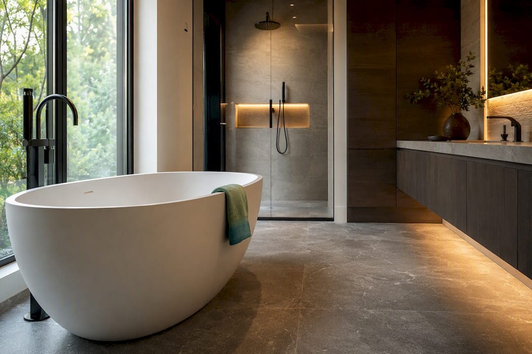 Freestanding tub in a wellness bathroom