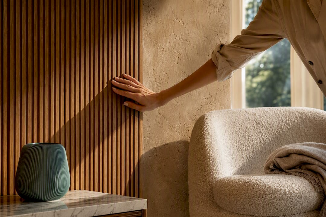Ribbed wood plaster and boucle textures