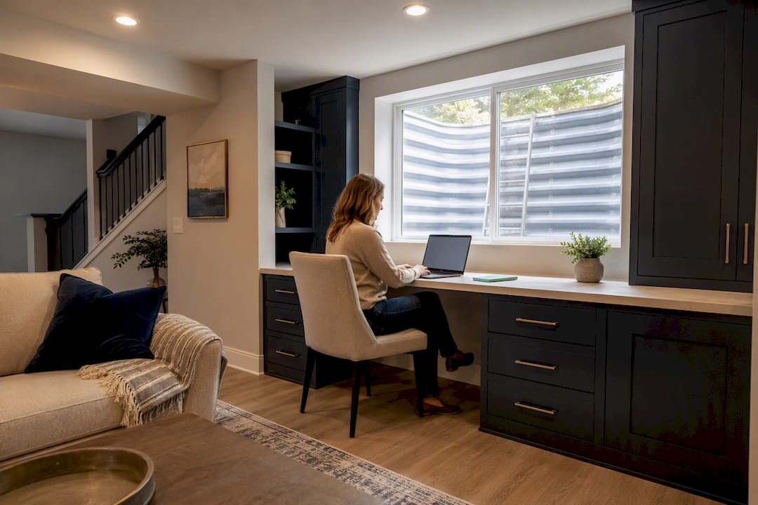 Finished basement with egress window office nook