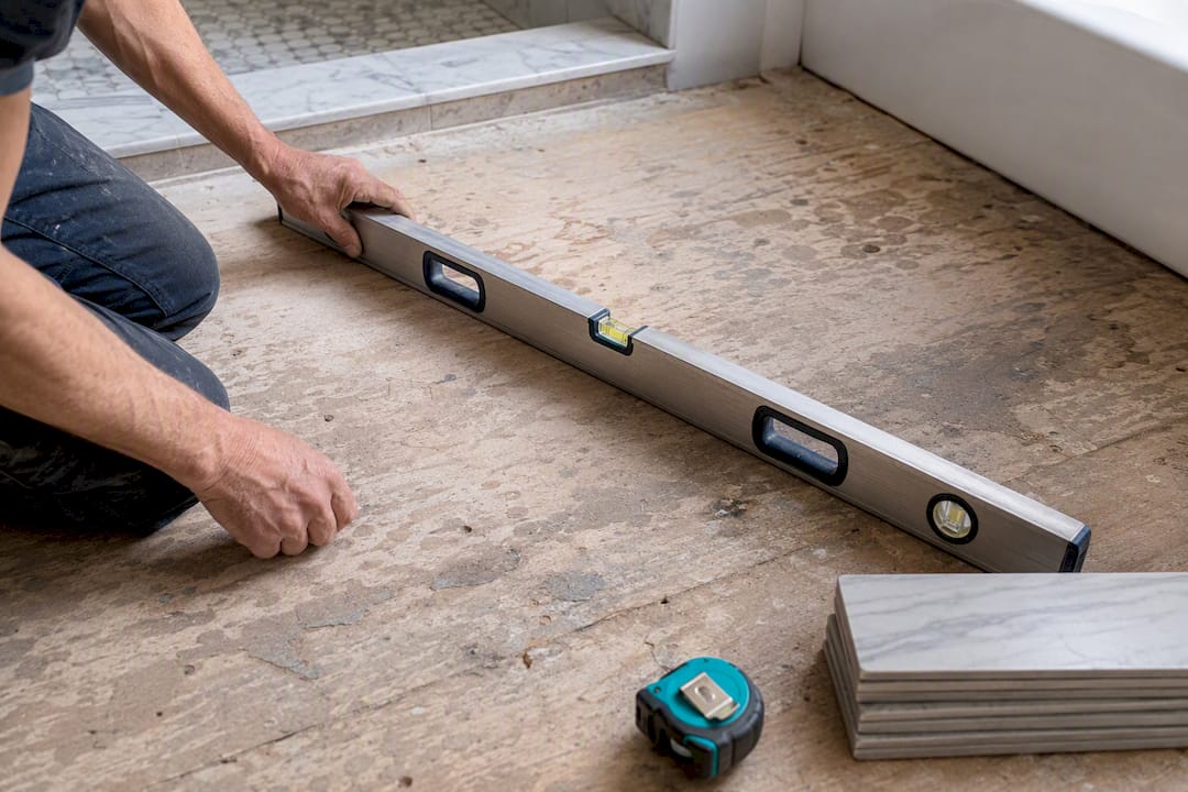 Homeowner checking an uneven bathroom subfloor