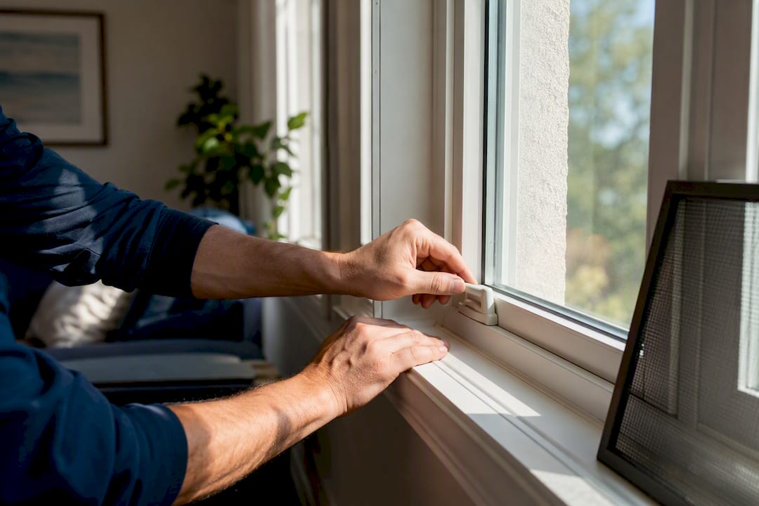 Hands checking a newly installed window latch