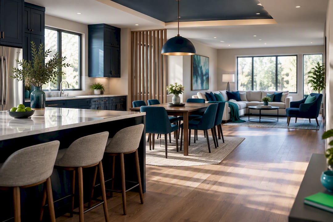 Zoned open-plan kitchen and living interior