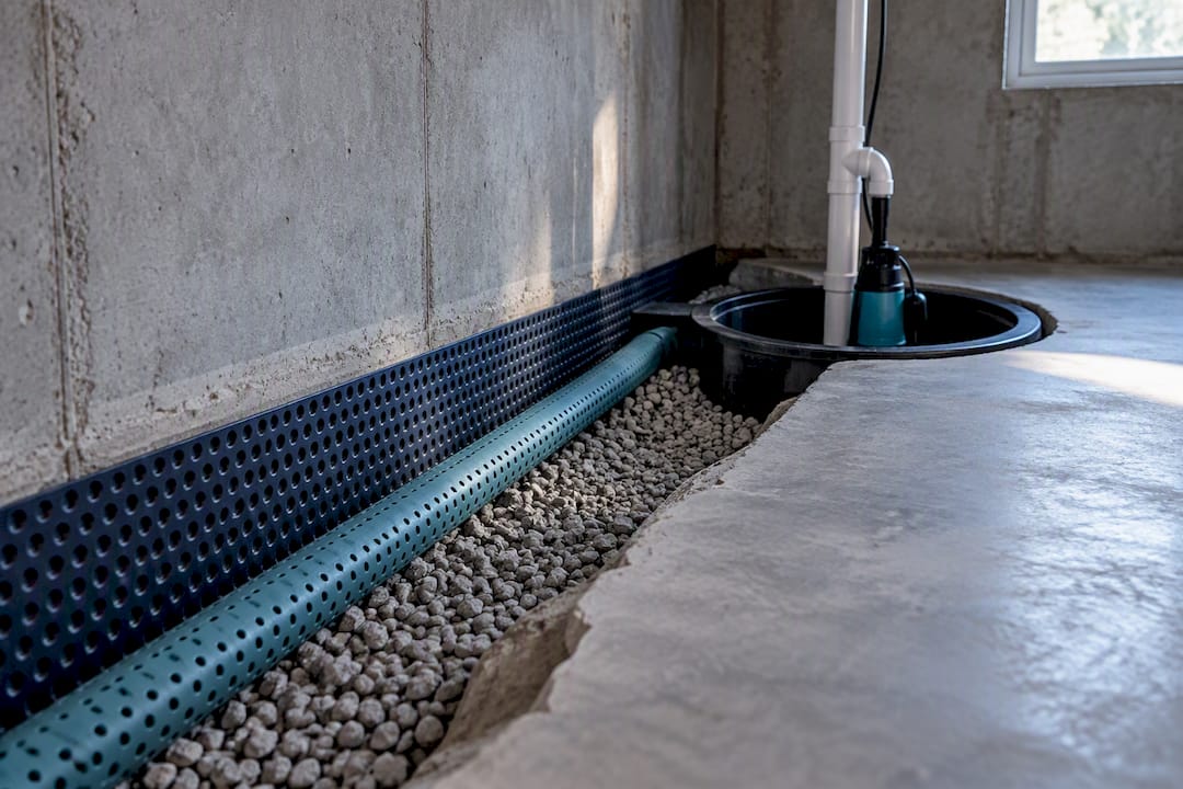 Exposed basement drain tile and sump basin