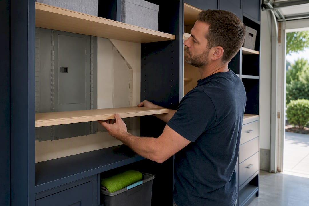 Custom shelving fitted around a garage utility panel