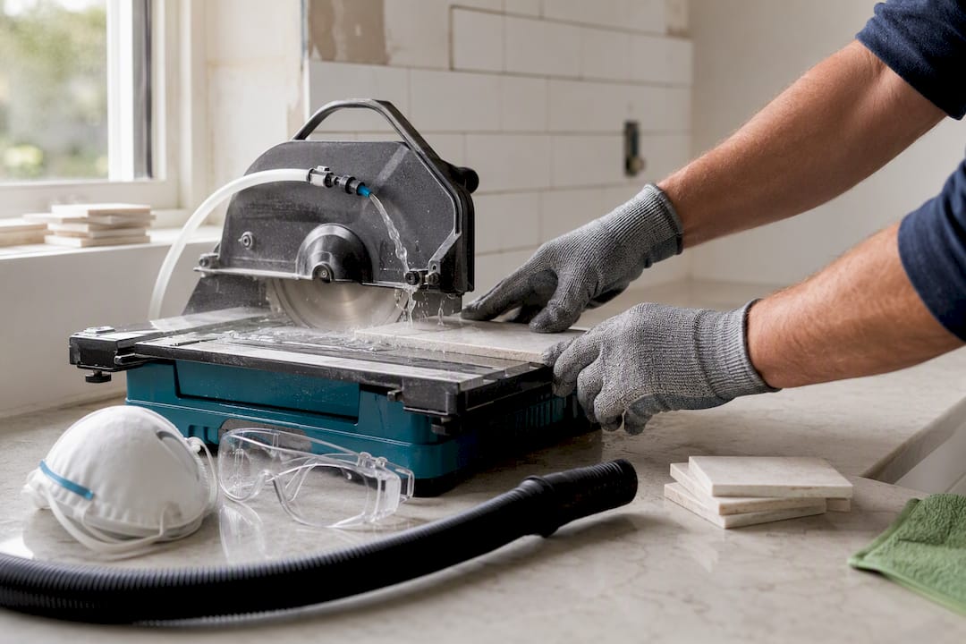 Wet tile cutting with respirator and vacuum