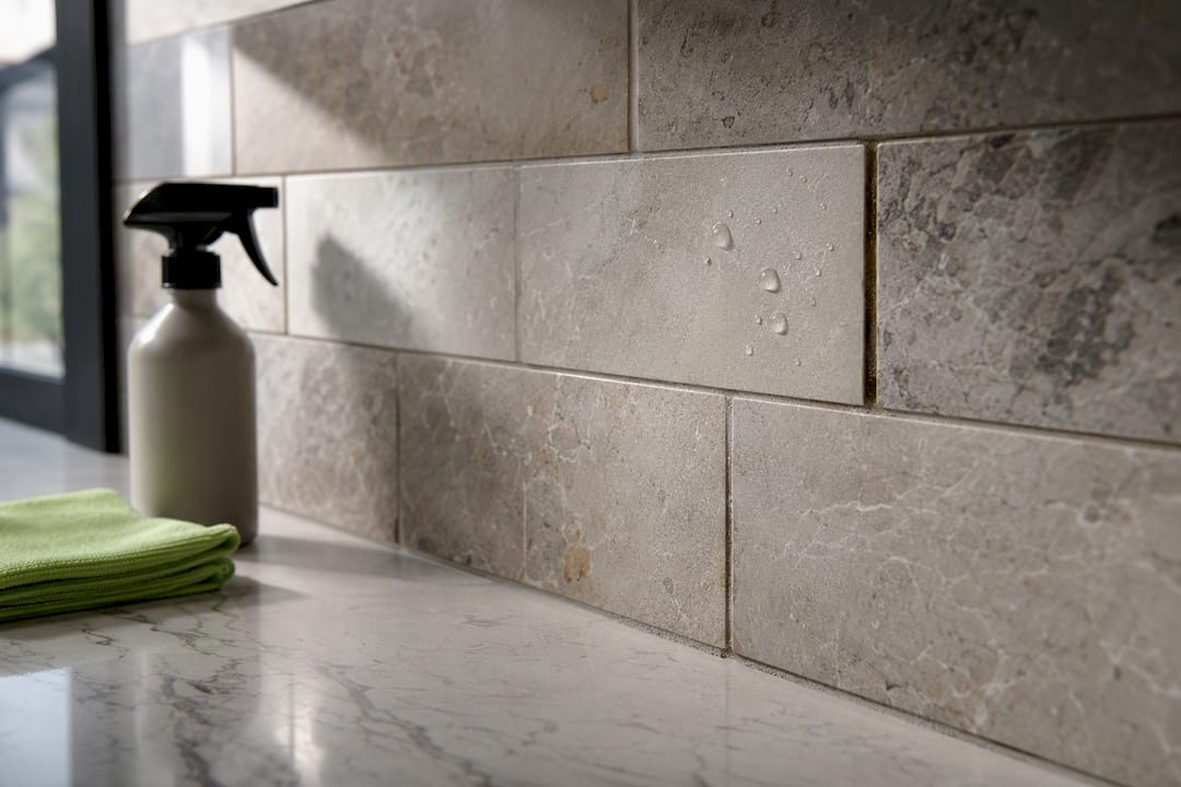 Water beading on sealed stone backsplash tile