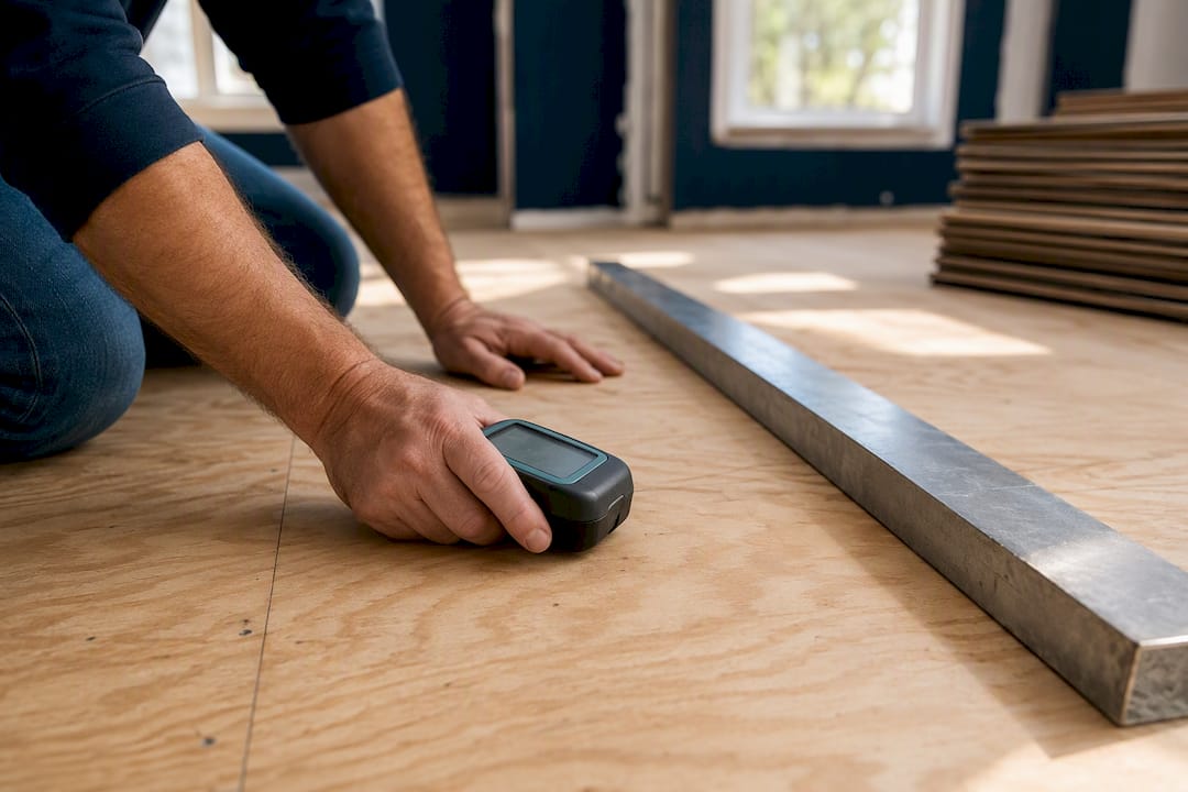 Installer checking kitchen subfloor moisture