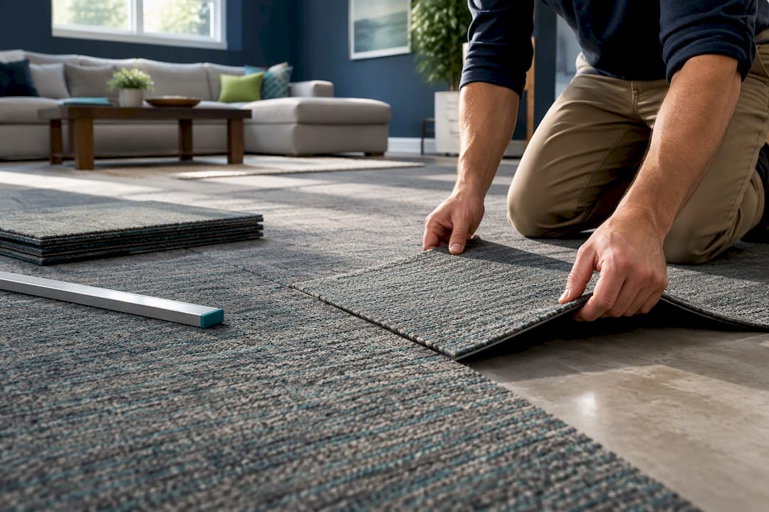 Carpet tiles installed in a finished basement