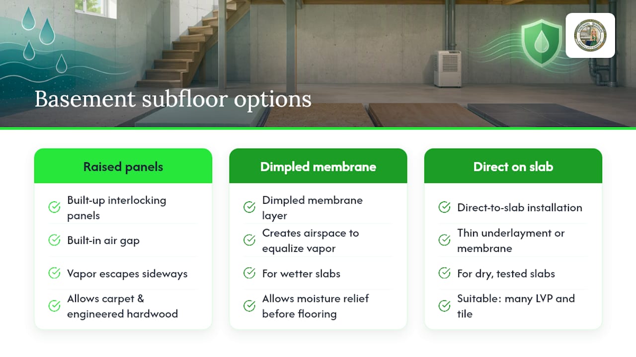 Basement subfloor moisture-control layers