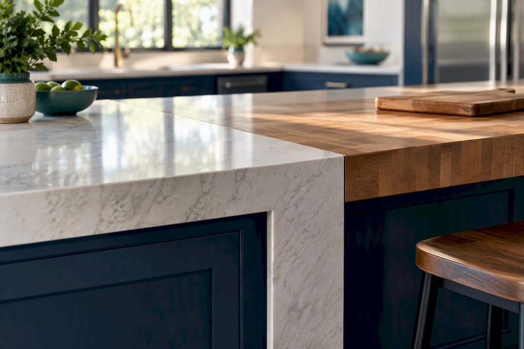 Mixed countertop materials at island seam