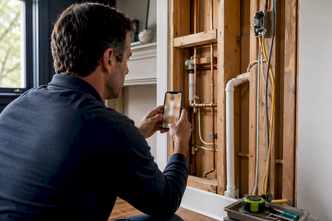 Homeowner photographing exposed plumbing and wiring