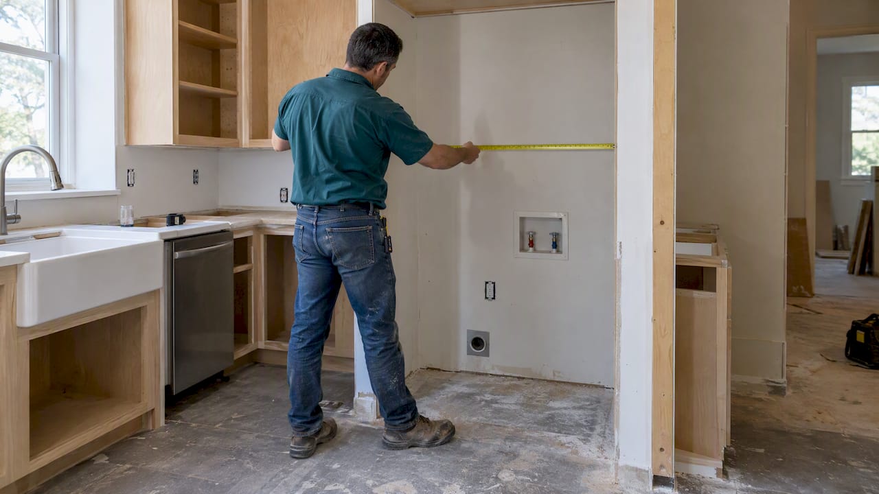 Contractor measuring kitchen appliance rough-in