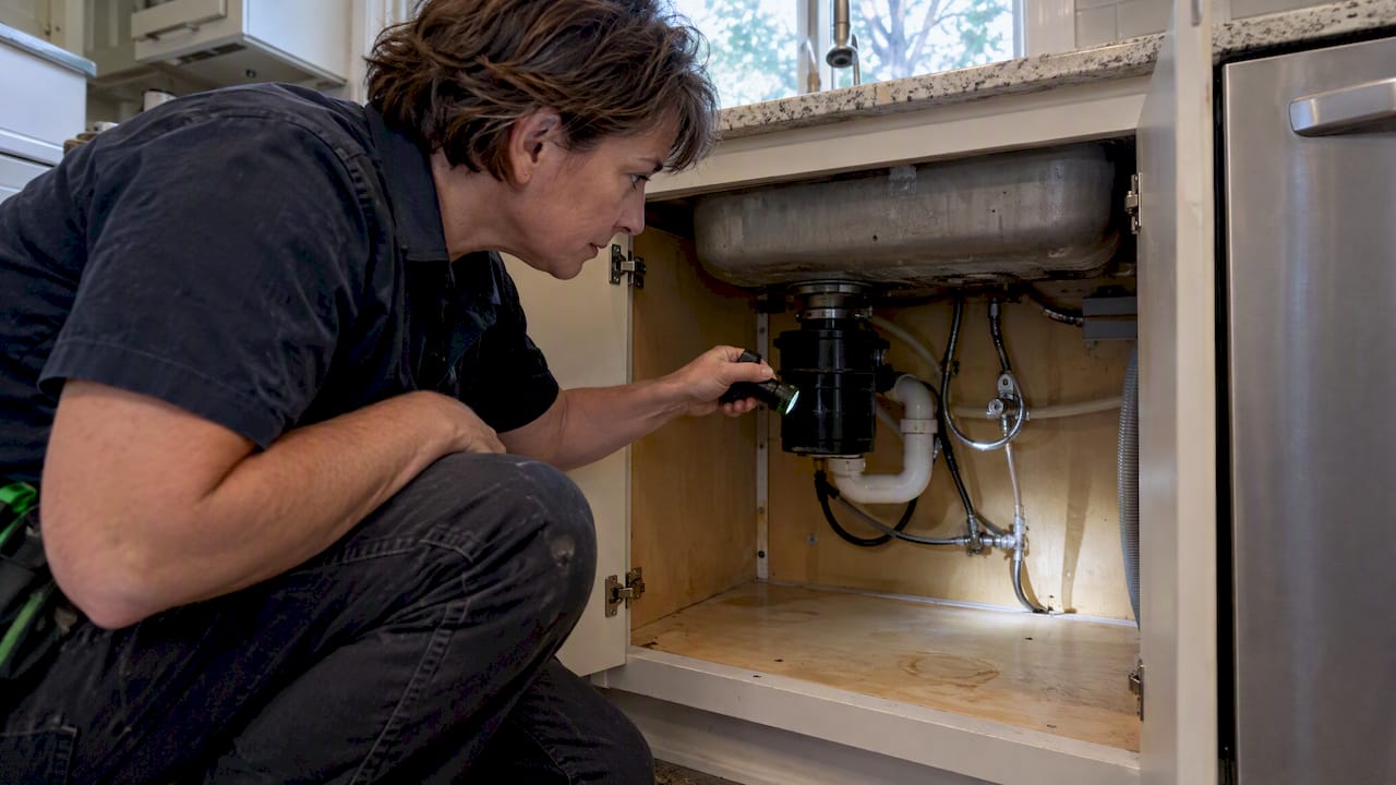 Contractor inspecting substrate beneath sink cabinet