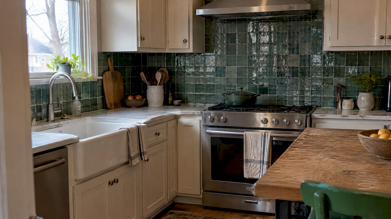 Textured zellige backsplash in daylight
