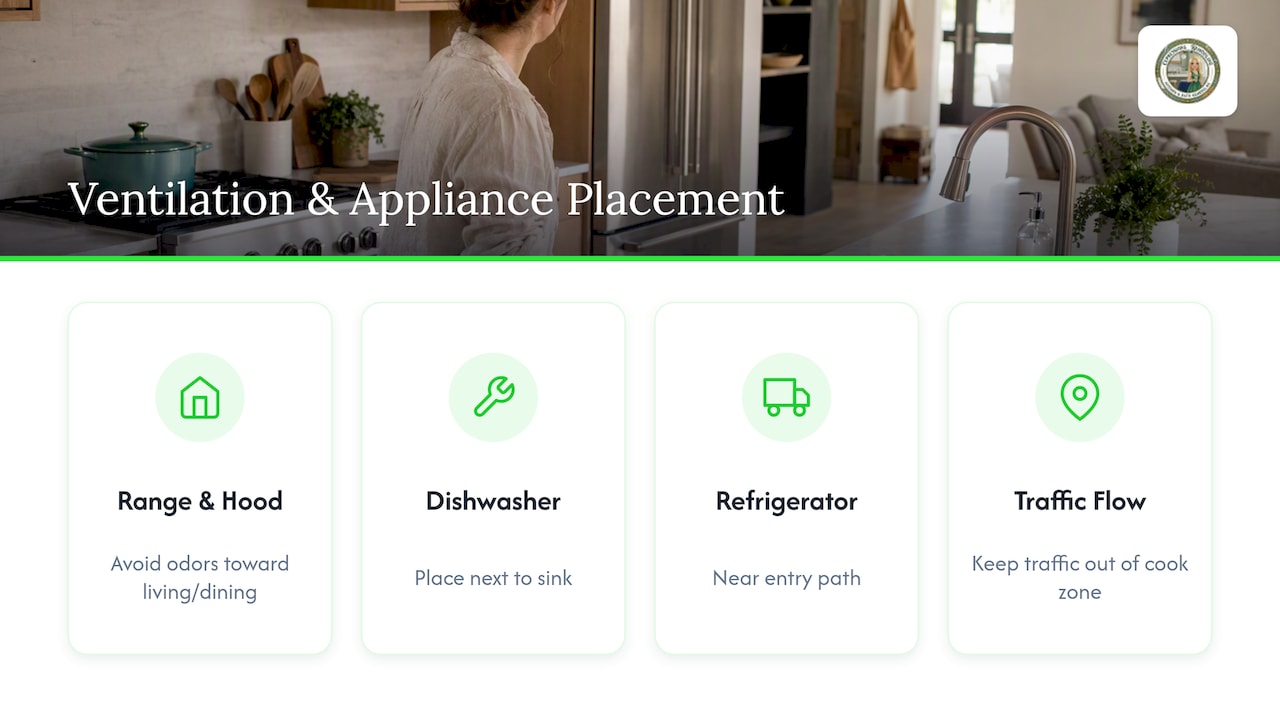 Open kitchen airflow and appliance placement diagram