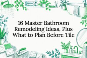 Bathroom remodeling title card with hand-drawn details