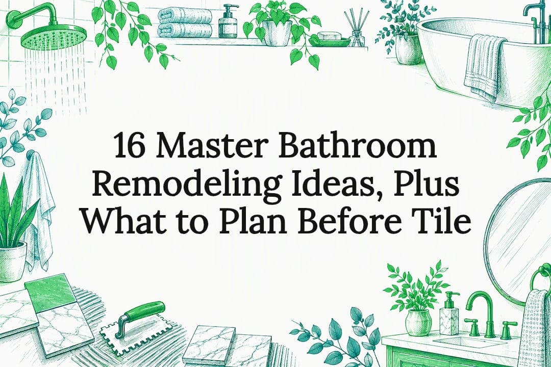 Bathroom remodeling title card with hand-drawn details