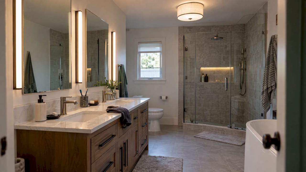 Bathroom with mirror, ceiling, and shower niche lighting