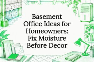 Sketches frame a basement office title