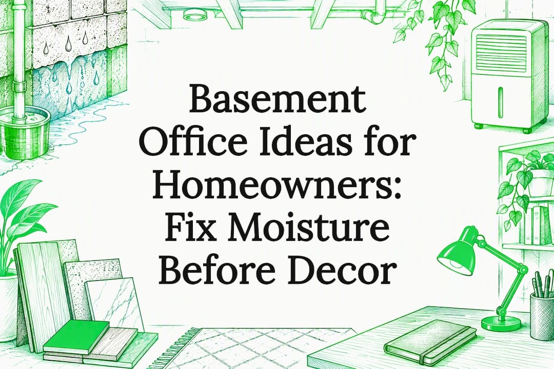 Sketches frame a basement office title