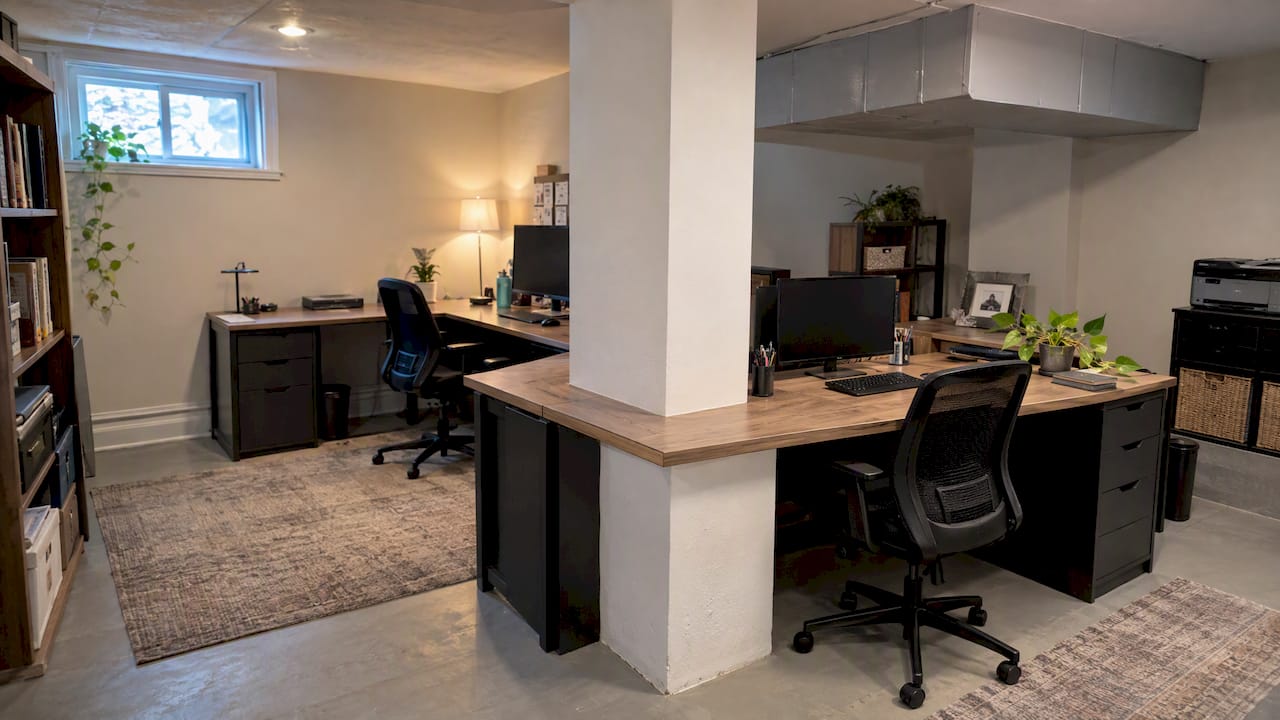 Modular desk fitted around a basement column