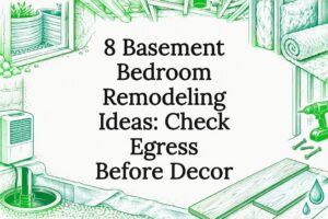 Basement remodeling sketches framing the title