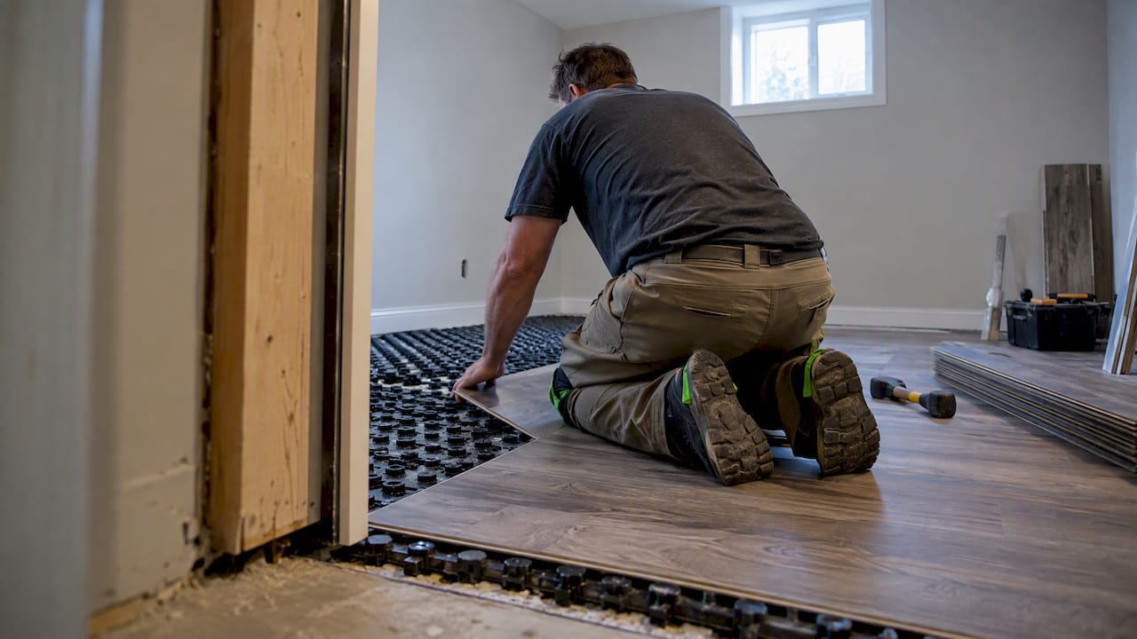 Installer laying vinyl plank over raised subfloor