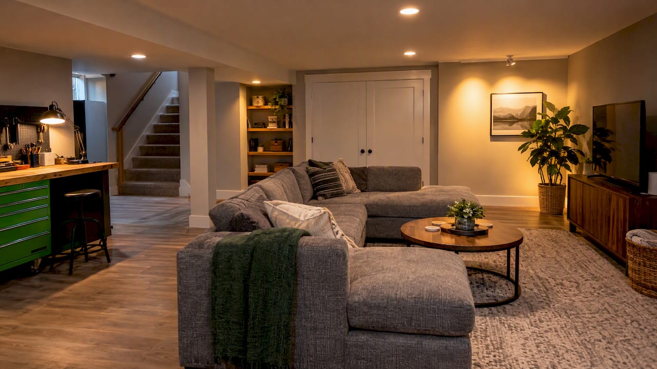 Layered lighting brightens a finished basement