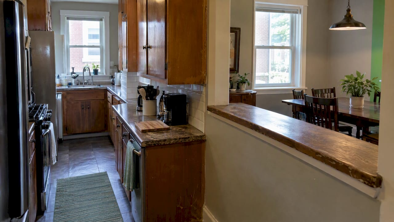 Pass-through opening connecting kitchen and dining area