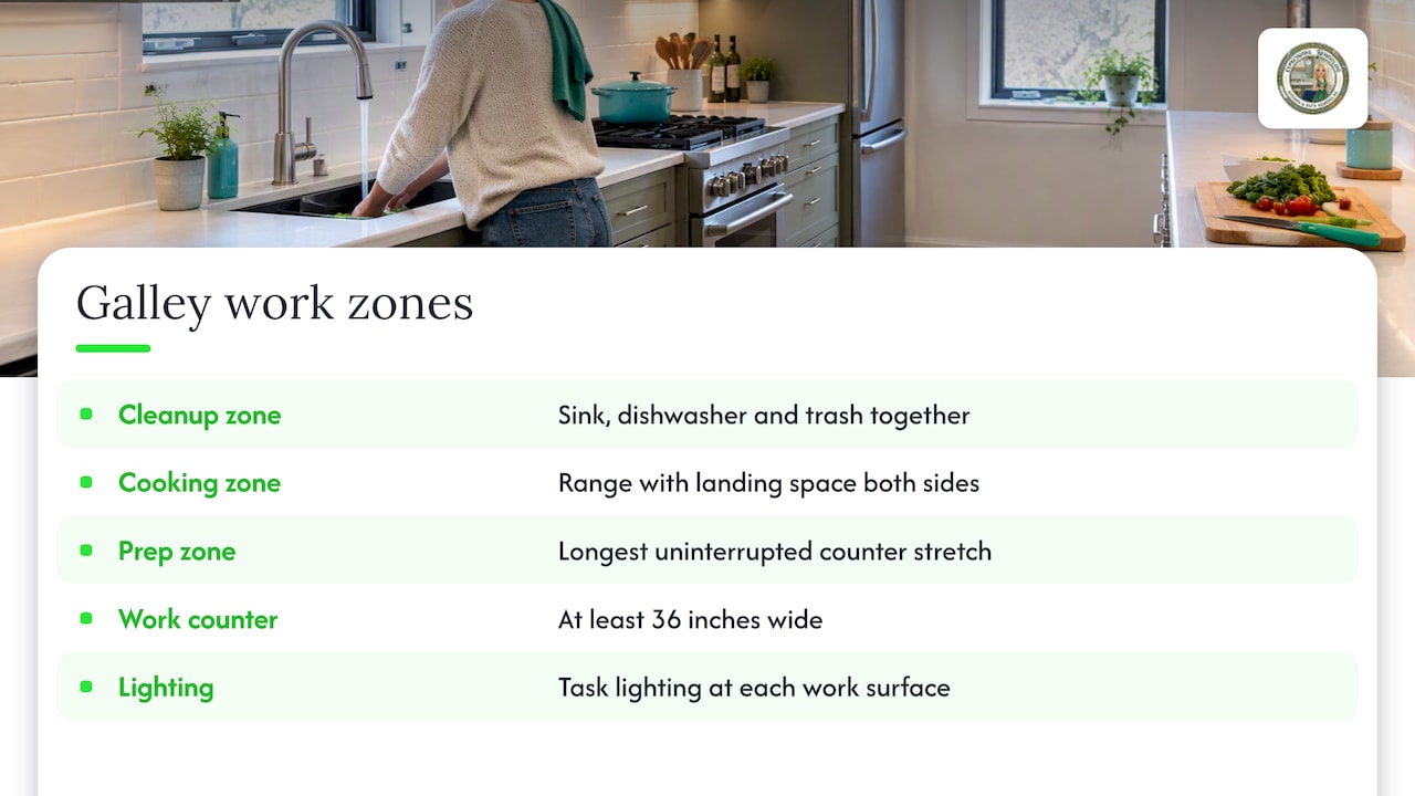 Cleanup, cooking and prep zones in a galley kitchen