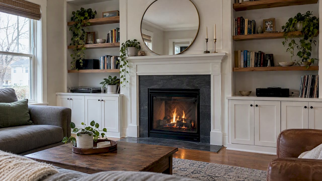 Fireplace framed by custom cabinets and shelves