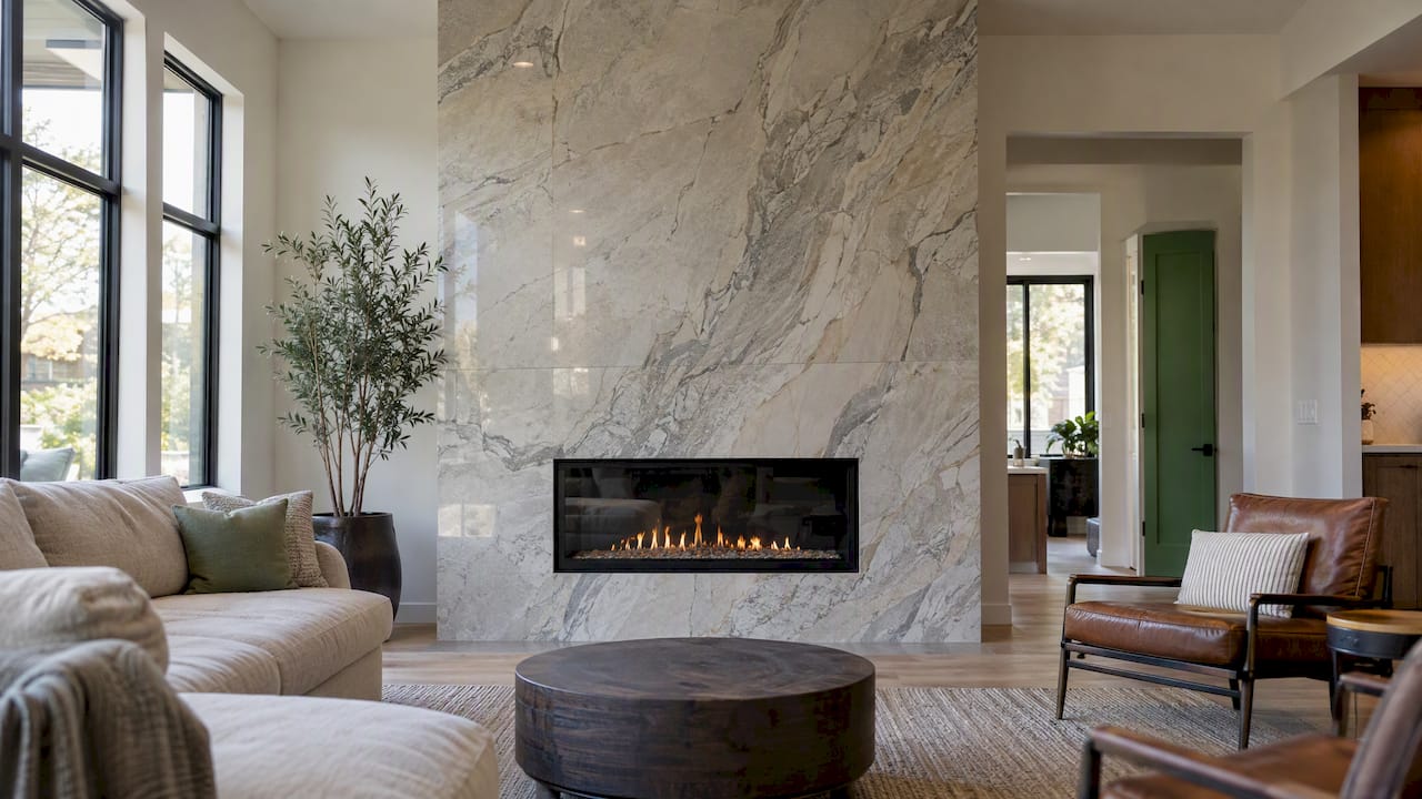 Continuous veined slab behind a fireplace
